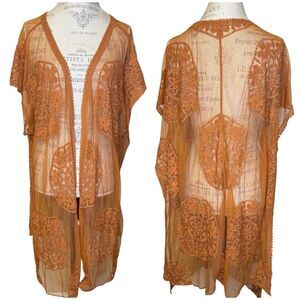 Shyanne Sheer Embroidered Lace Rust Tan or Orange Kimono Cardigan Swim Cover-Up